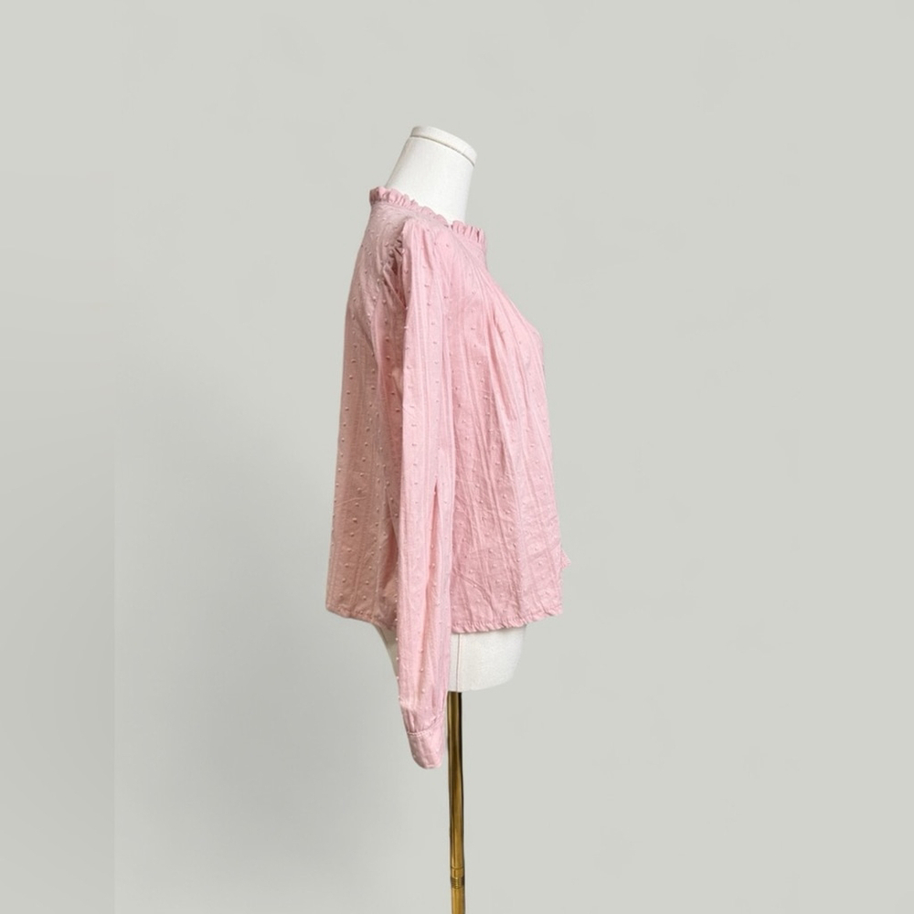 Pink Top Women Size Large Cotton Swiss Dot Pleated Ruffle Round Neckline Long - Picture 3 of 13
